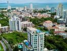 Aerial view of a cityscape with multiple buildings, greenery, and a distant ocean