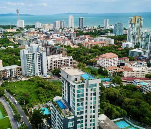 Aerial view of a cityscape with multiple buildings, greenery, and a distant ocean