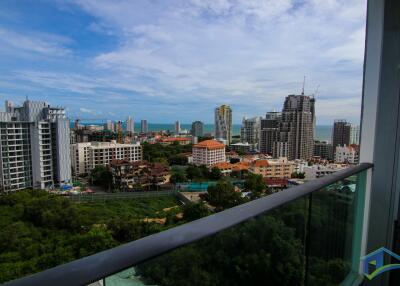 Scenic city and ocean view from a balcony