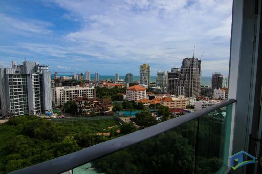 Scenic city and ocean view from a balcony