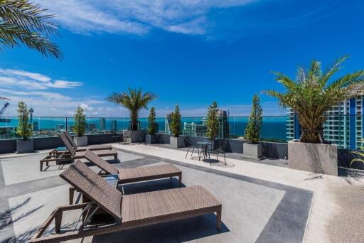 rooftop terrace with lounge chairs and ocean view