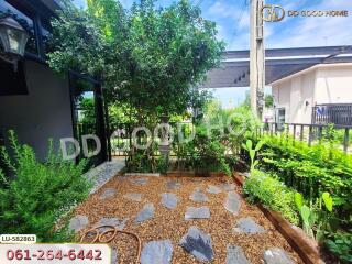 Spacious garden with stone pathway and greenery