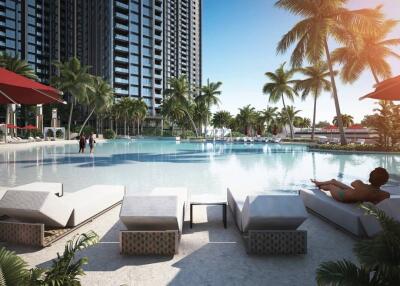 luxury residential pool area with lounge chairs, palm trees, and high-rise buildings