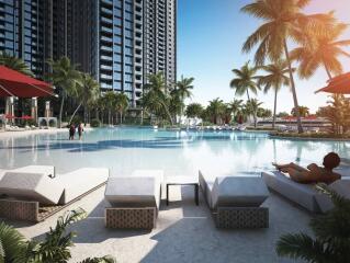 luxury residential pool area with lounge chairs, palm trees, and high-rise buildings