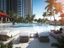 luxury residential pool area with lounge chairs, palm trees, and high-rise buildings