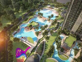 Aerial view of a luxury swimming pool area with surrounding green spaces