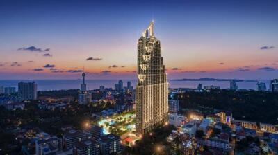 Aerial view of a skyscraper at sunset