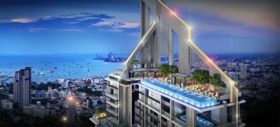 Modern high-rise building with rooftop infinity pool and city view