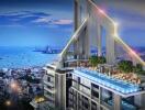 Modern high-rise building with rooftop infinity pool and city view
