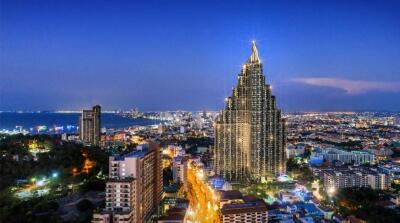 Skyline view with tall city buildings at dusk