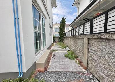 Narrow side yard with paving stones and adjacent houses