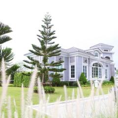 Exterior view of a modern home with a manicured lawn and decorative trees