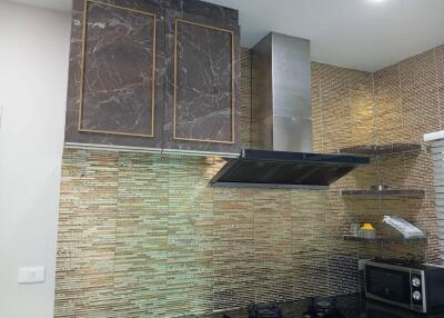 Modern kitchen with marble cabinets and tile backsplash