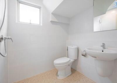 Minimalist white bathroom with a toilet, sink, and small window