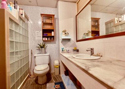 Modern bathroom with tiled walls and glass block divider