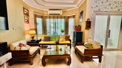 Cozy living room with traditional wooden furniture