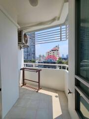 Modern apartment balcony with city view