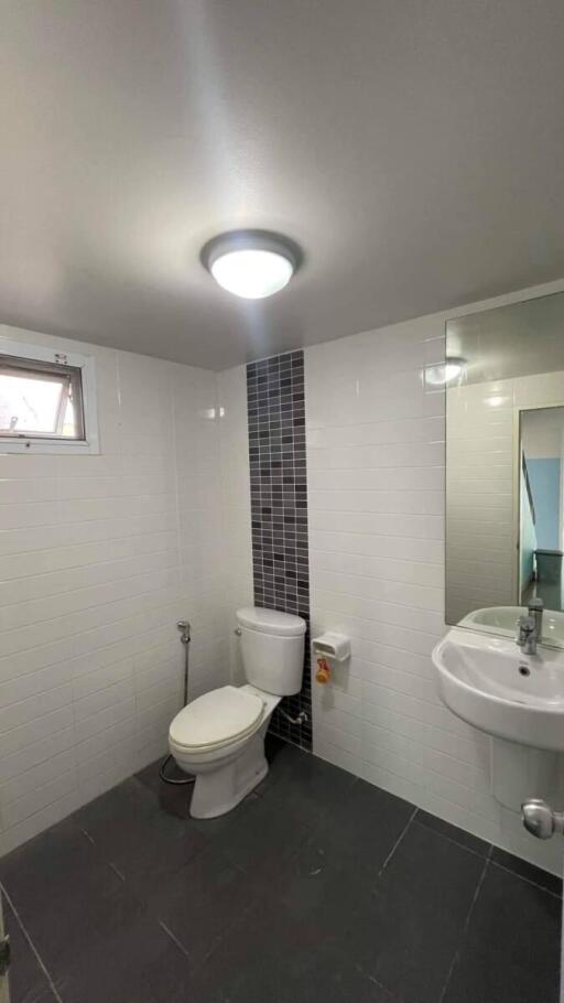 Modern bathroom with toilet, sink, and tiled walls