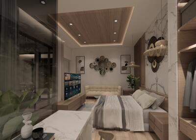 Modern bedroom with wall-mounted TV and unique decorations