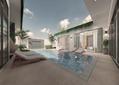 Luxury outdoor pool area with sun loungers