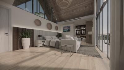 Spacious modern bedroom with high ceilings and large windows