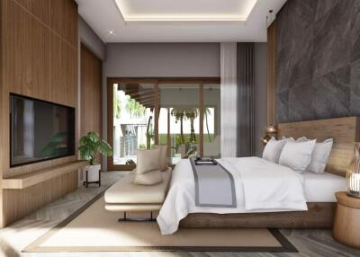 Modern bedroom with large bed, wall-mounted TV, and balcony view