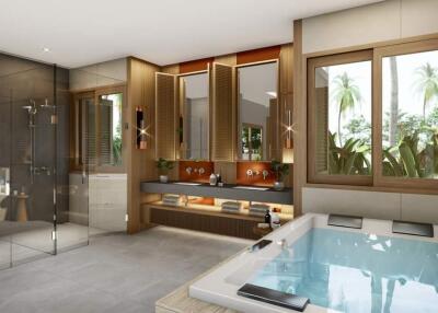 Modern bathroom with large windows, bathtub, and walk-in shower