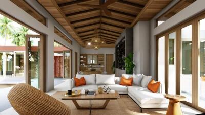 Modern living room with wooden ceiling and large windows.