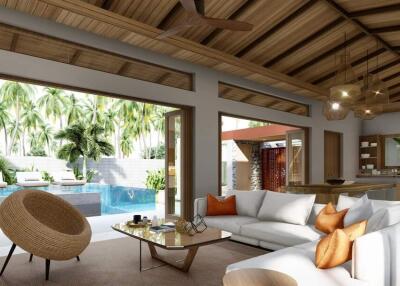 Modern living room with open layout and pool view