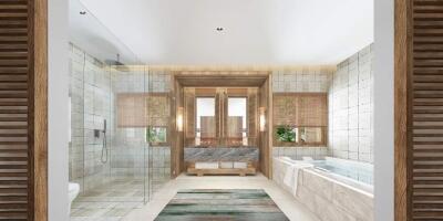 Spacious modern bathroom with shower and bathtub