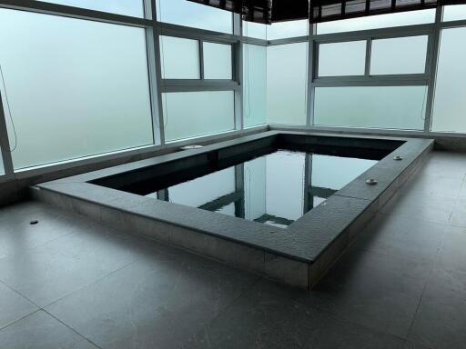 Modern indoor pool area with large frosted windows