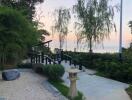 Serene garden with a bridge overlooking a body of water