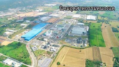 Aerial view of industrial area and surrounding landscape