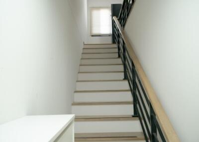 Modern staircase with white walls and wooden steps