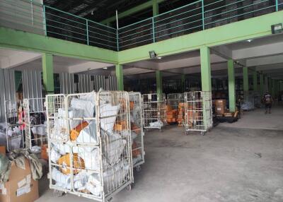 Large warehouse space filled with storage cages and various items