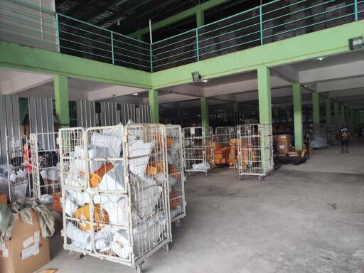 Large warehouse space filled with storage cages and various items
