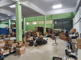 A spacious warehouse with boxes and various items