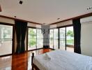 Spacious bedroom with large windows and garden view