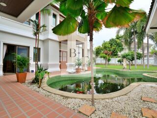 Beautiful backyard with pond and greenery