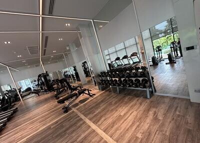 Modern gym with equipment and mirrored walls