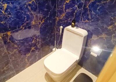 Modern bathroom with blue marble tiles and toilet