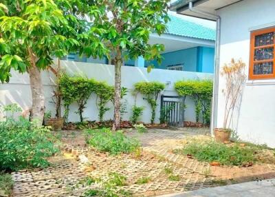 Outdoor garden area with plants, trees, and tiled patio