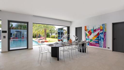 Modern dining room with pool view