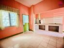 Spacious kitchen with colorful walls