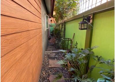 Narrow exterior walkway along the side of a building with decorative plants