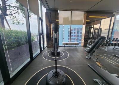 Indoor gym area with exercise equipment and city view