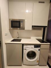 Modern compact kitchen with washing machine and built-in microwave