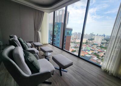 Modern living room with a panoramic city view