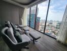 Modern living room with a panoramic city view