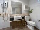 Modern bathroom with sink, toilet, and shower